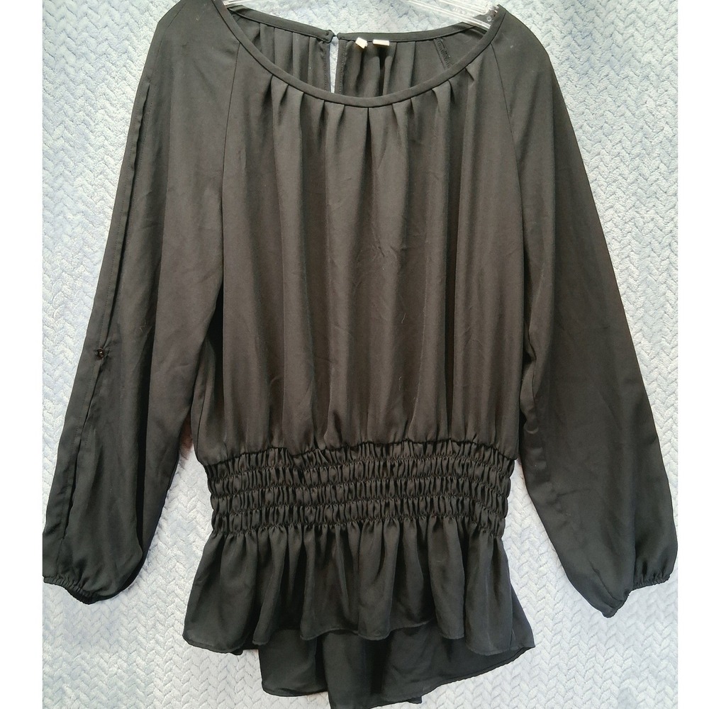 Cato Black Smocked Waist Peplum Blouse Long Sleeve Pleated Neck Top XL